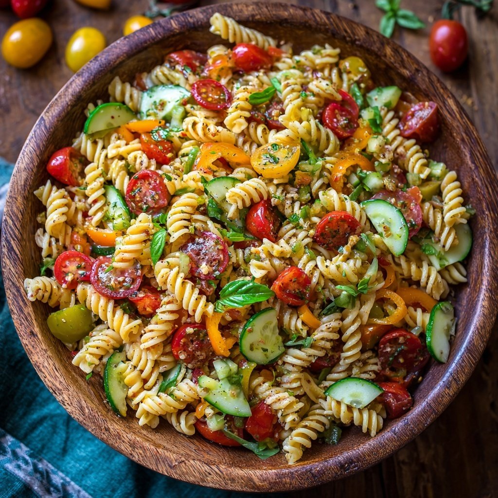 Mediterraner Nudelsalat Mit Hähnchenstreifen
